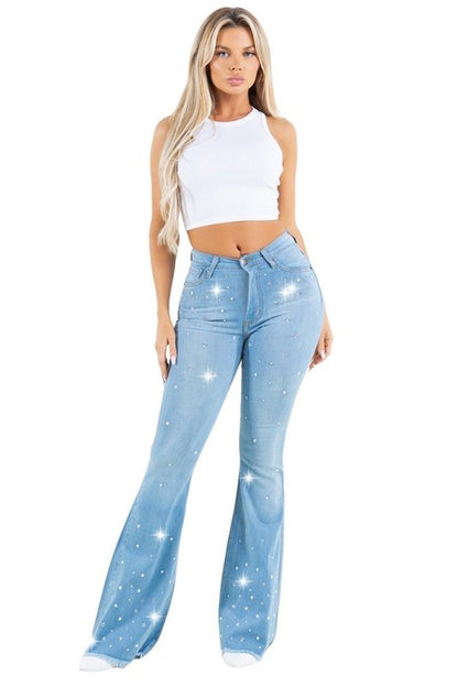 Vegas Glam Bell Bottom Light Wash- Inseam 32 - Tigbul's Variety Fashion Shop