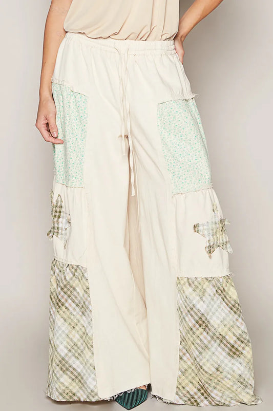 POL Drawstring Star Patch Contrast Wide Leg Pants - Tigbul's Variety Fashion Shop