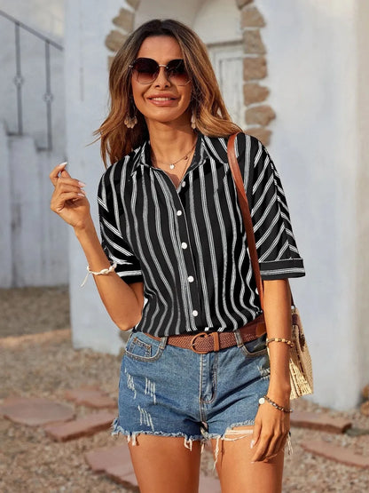 Striped Collared Neck Half Sleeve Shirt - Tigbul's Variety Fashion Shop