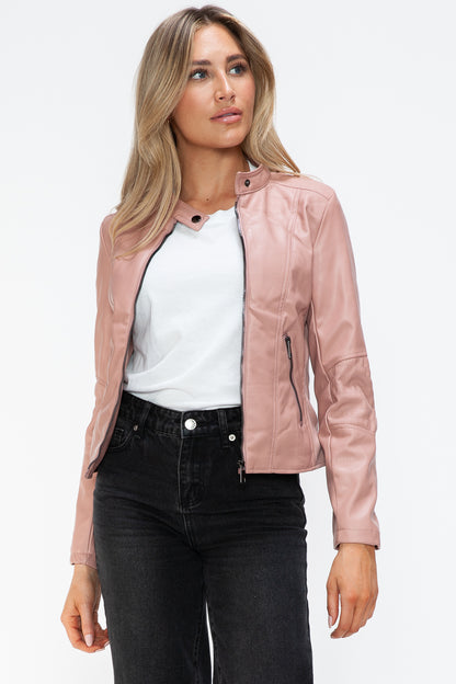 Mauve Faux Leather Zip Up Drawstring Hooded Jacket