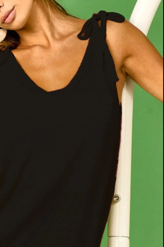 Tied Shoulder Black Solid Knit Top - Tigbul's Variety Fashion Shop