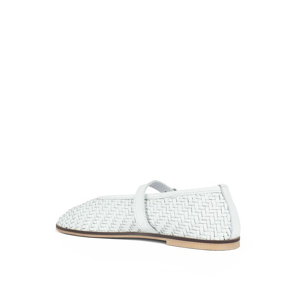 White woven leather flat ballerina with open back and strap at the top