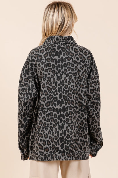 Mittoshop Leopard Button Up Denim Shacket with Breast Pockets - Tigbul's Variety Fashion Shop