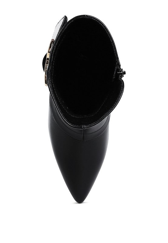Black ankle boots heel and back opening view with strap hardware