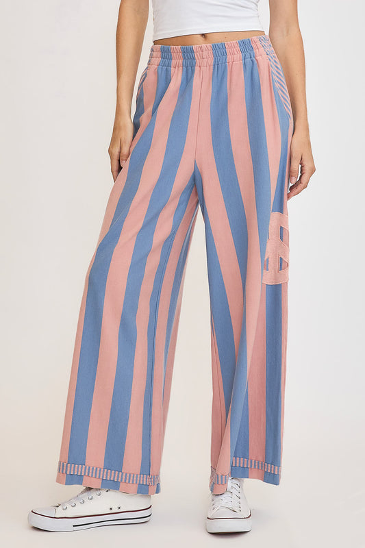 Umgee Peace Sign Patch Striped Wide Leg Pants - Tigbul's Variety Fashion Shop