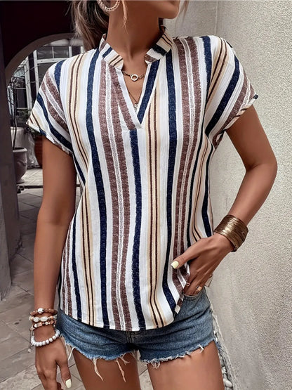 Striped Notched Short Sleeve Shirt - Tigbul's Variety Fashion Shop
