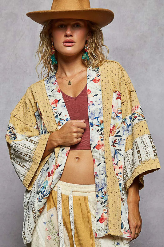 POL Raw Edge Open Front Patchwork Cardigan with Floral Trim - Tigbul's Variety Fashion Shop