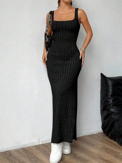 Cutout Square Neck Wide Strap Knit Dress - Tigbul's Variety Fashion Shop