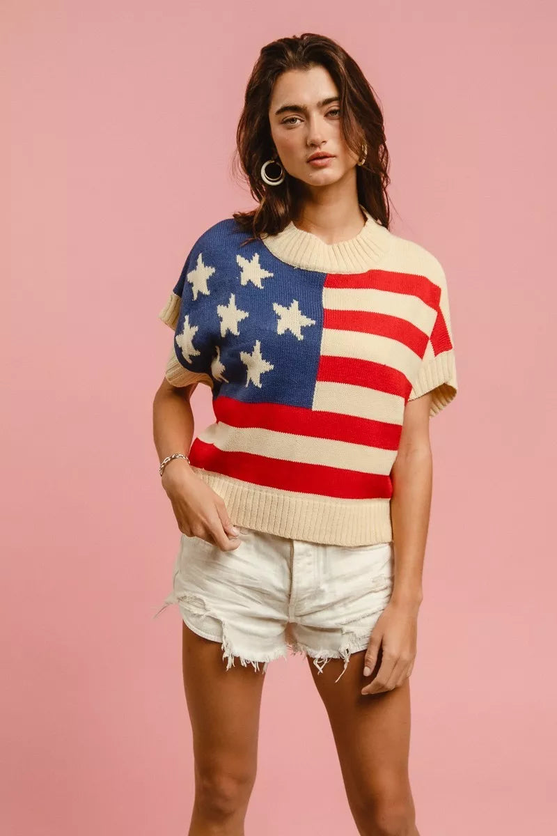 BiBi Star Patches American Flag Sleeveless Sweater - Tigbul's Variety Fashion Shop