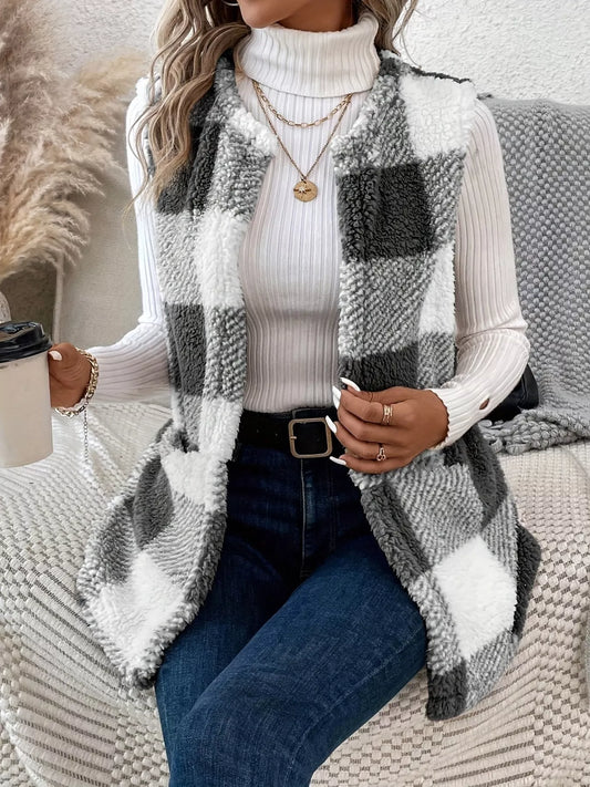 Plaid Sherpa Vest Coat with Pockets - Tigbul's Variety Fashion Shop