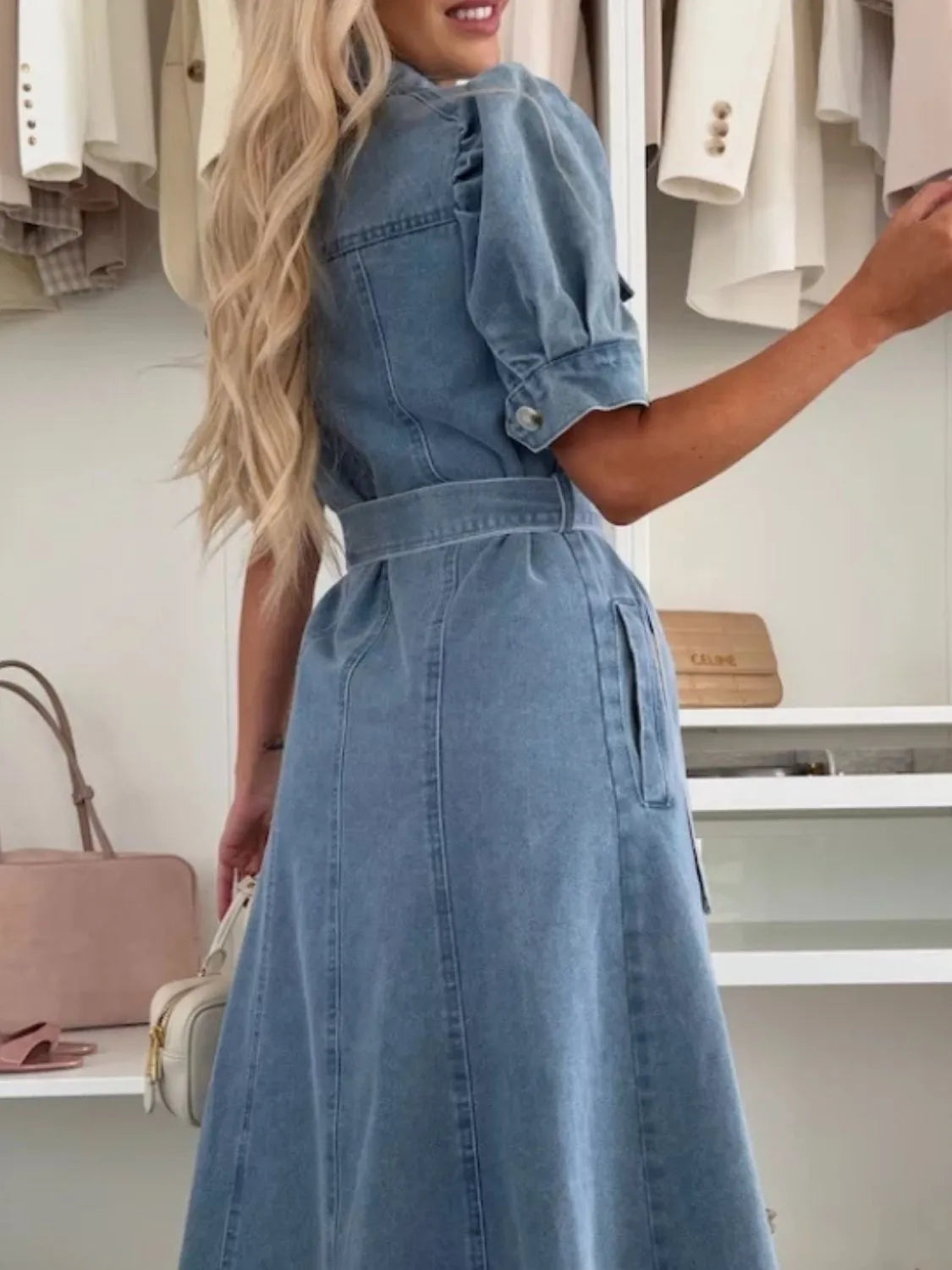 Puff Sleeve Button Down Belted Denim Midi Dress - Tigbul's Variety Fashion Shop
