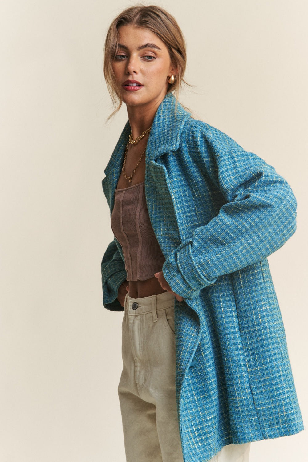 Tweed Double-Breasted Long Sleeve Coat - Tigbul's Variety Fashion Shop