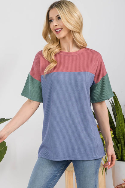 Celeste Full Size Ribbed Color Block T-Shirt - Tigbuls Variety Fashion