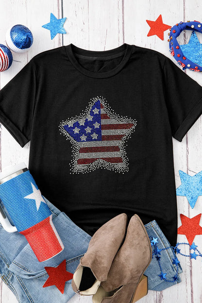 Star Round Neck Short Sleeve Black T-Shirt - Tigbul's Variety Fashion Shop