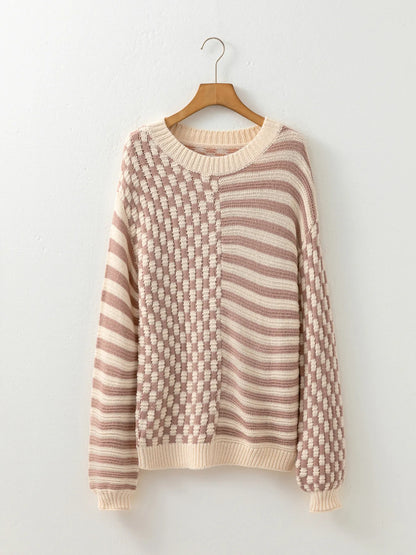 Stripe Checkerboard Drop Shoulder Balloon Sleeve Sweater - Tigbul's Variety Fashion Shop