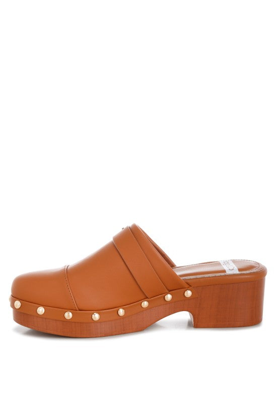 Tan studded genuine leather clog with buckle strap and chunky block heel