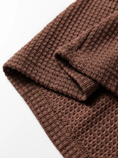 Waffle Contrast Half Buttoned Hooded Pullover Top - Tigbul's Variety Fashion Shop