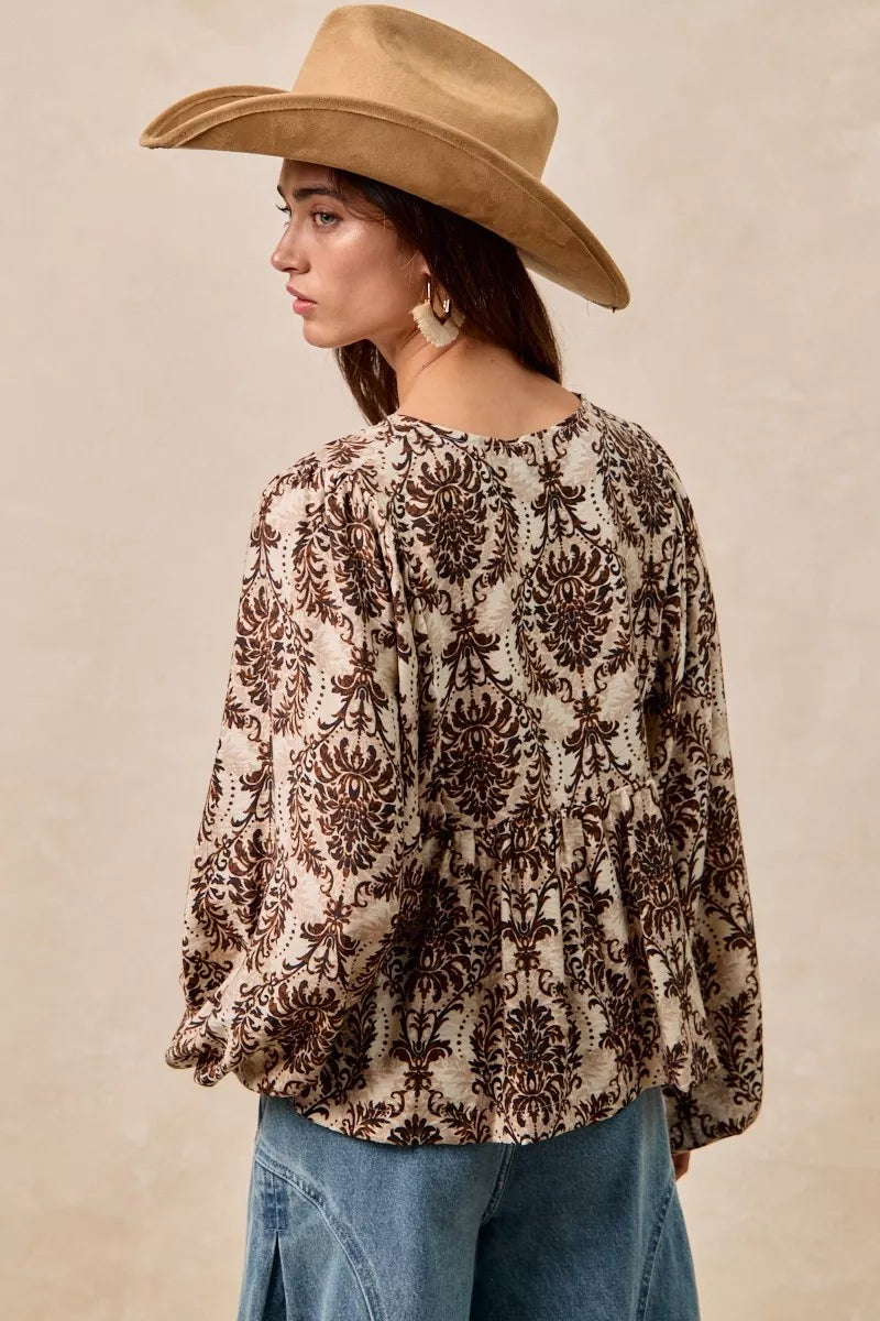 BiBi Printed Woven Front Tied Blouse with Baloon Sleeve - Tigbul's Variety Fashion Shop