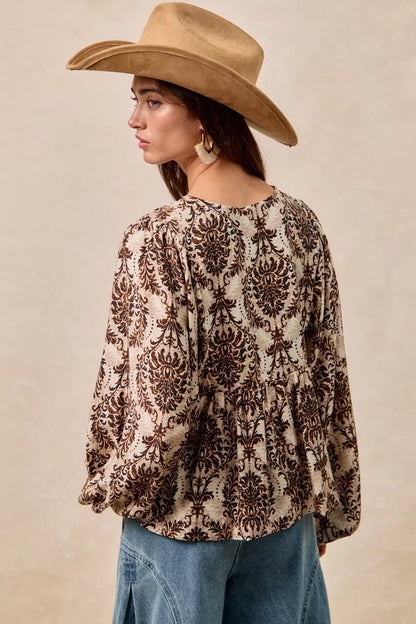 BiBi Printed Woven Front Tied Blouse with Baloon Sleeve - Tigbul's Variety Fashion Shop