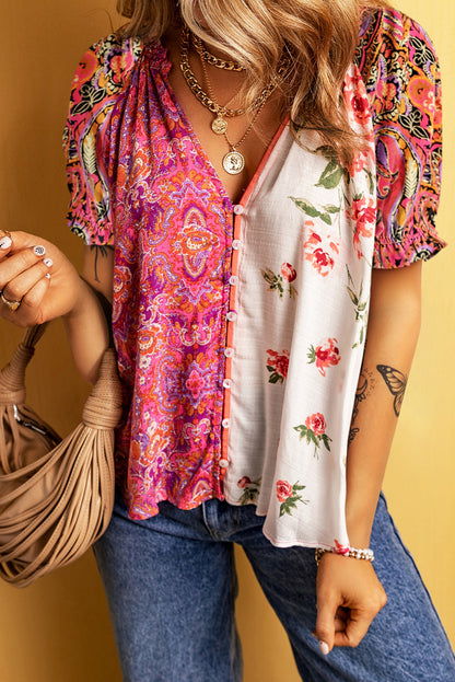 Printed V-Neck Short Sleeve Blouse - Tigbuls Variety Fashion