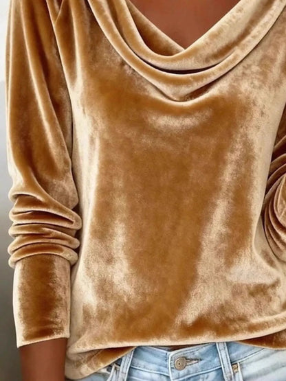Velvet Cowl Neck Long Sleeve T-Shirt - Tigbul's Variety Fashion Shop