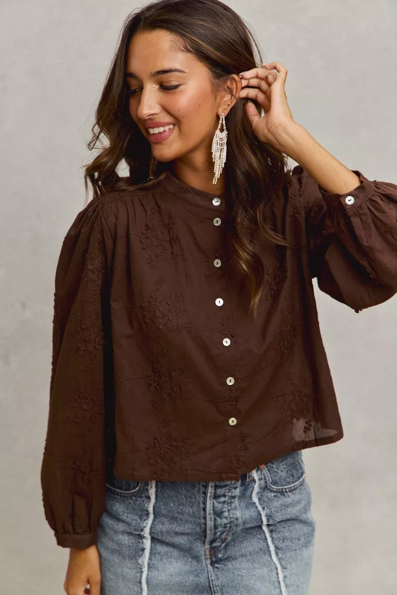 Dark brown 3D floral woven long-sleeve button shirt with high neckline detail