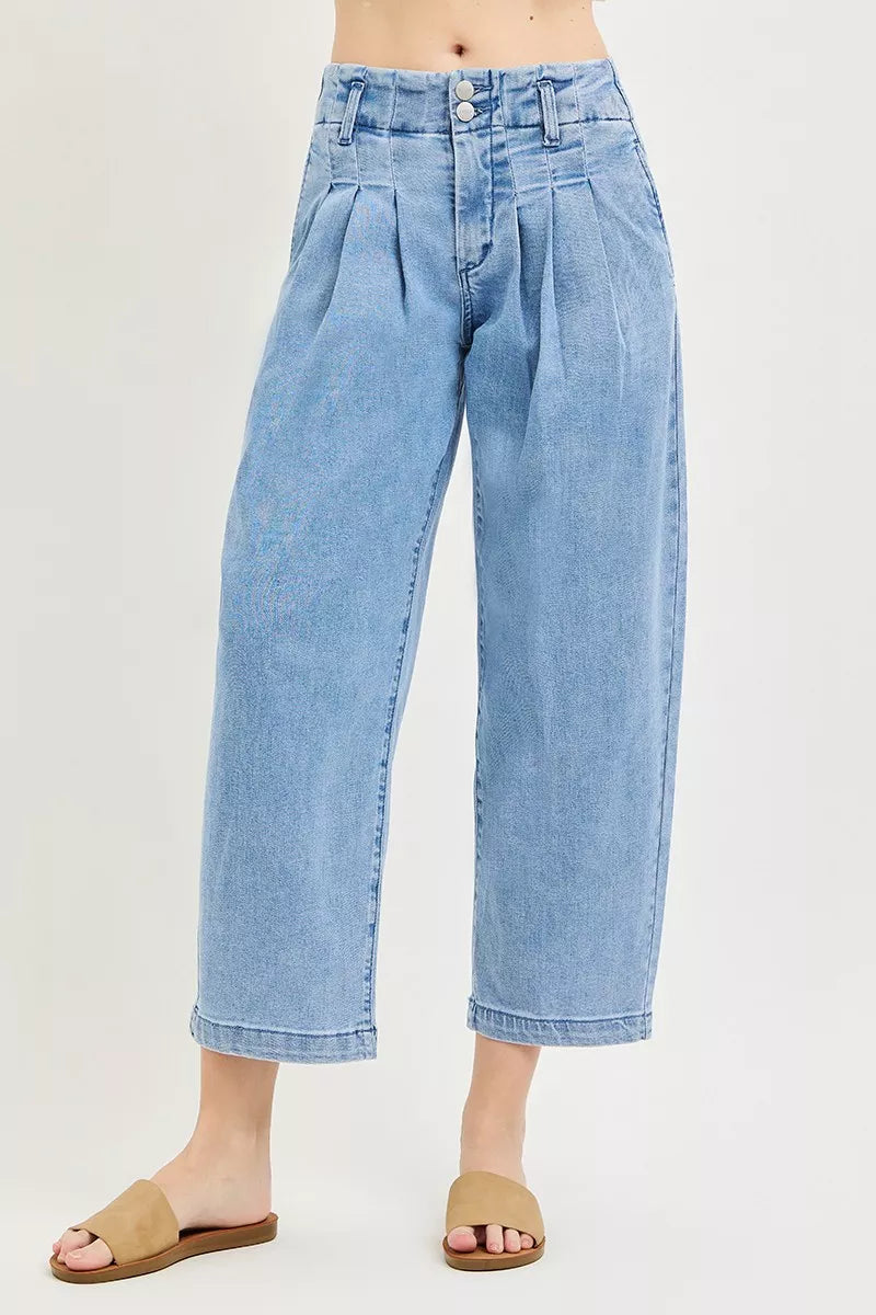RISEN Jeans: medium-blue slouchy crop with barrel pleats, button-front