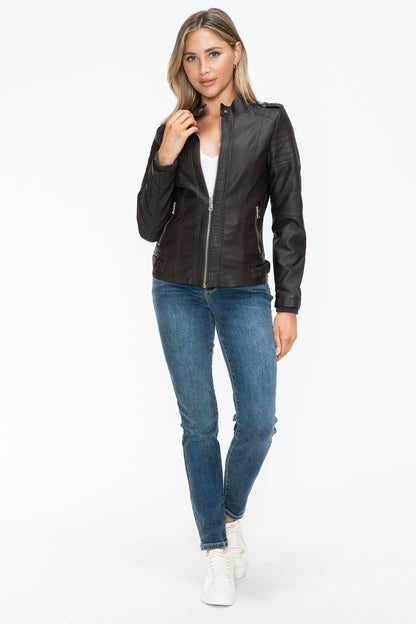 Brown PU Leather Biker Jacket with Side Zip Pockets