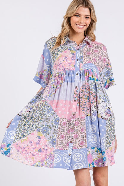 Pink Multi Floral Collared Neck Half Sleeve Mini Shirt Dress - Tigbul's Variety Fashion Shop