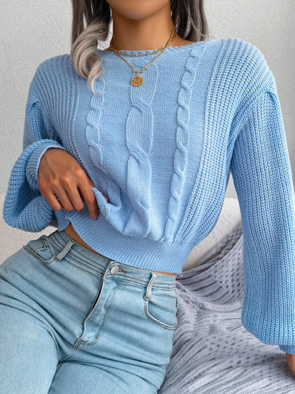 Cable Knit Round Neck Cropped Sweater - Tigbul's Variety Fashion Shop