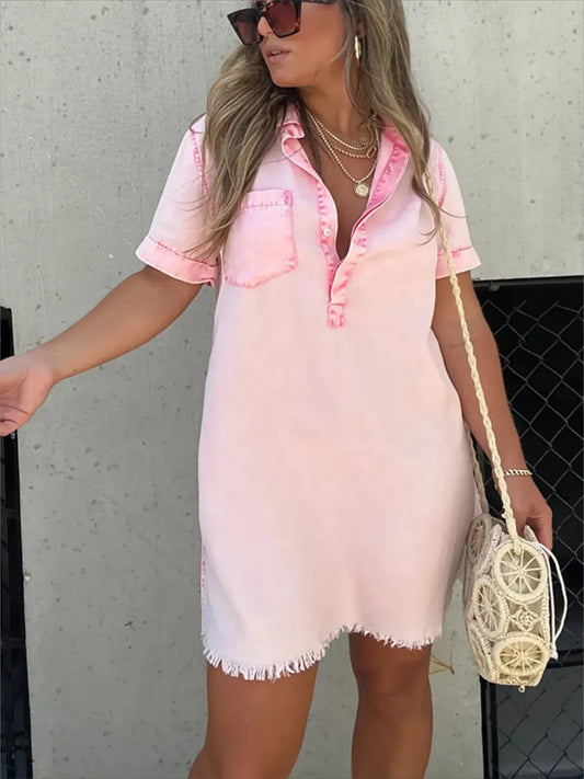 Full Size Raw Hem Short Sleeve Denim Dress Plus Size - Tigbul's Variety Fashion Shop