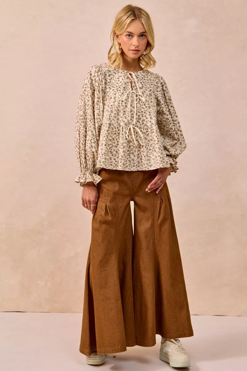 BiBi Floral Printed Peplum Blouse with Shirring and Tied - Tigbul's Variety Fashion Shop