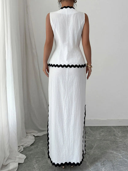 Contrast Scalloped Trim Sleeveless Top and Skirt Set - Tigbul's Variety Fashion Shop