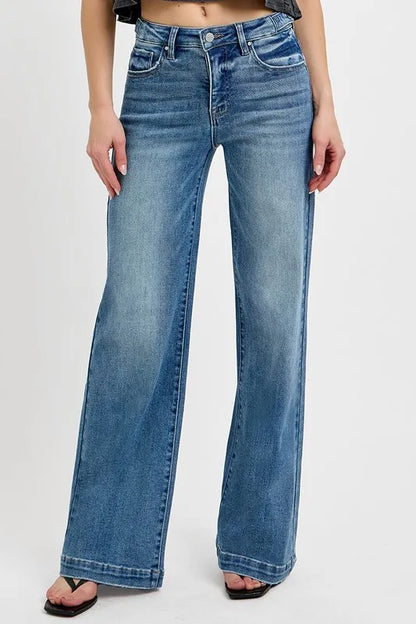RISEN Full Size Tummy Control High Rise Wide Adjustable Waist Band Jeans Plus Size - Tigbul's Variety Fashion Shop