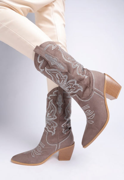 Latafa Rhinestones Embellished Cowboy Boots - Tigbul's Variety Fashion Shop