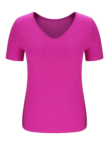 Solid V-Neck Short Sleeve T-Shirt - Tigbul's Variety Fashion Shop