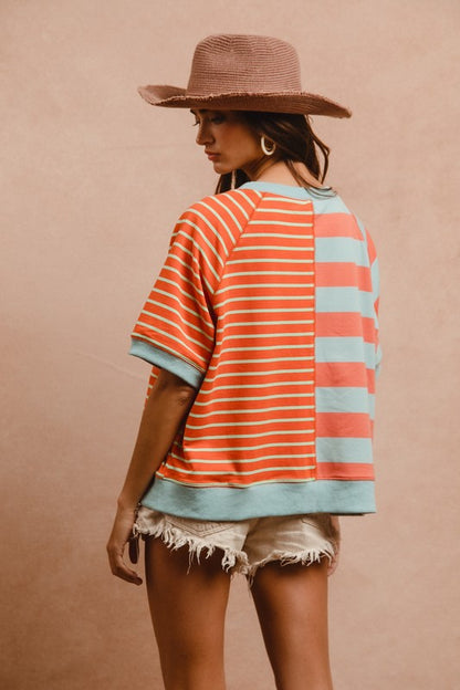 BiBi Striped Round Neck Half Sleeve French Terry Top