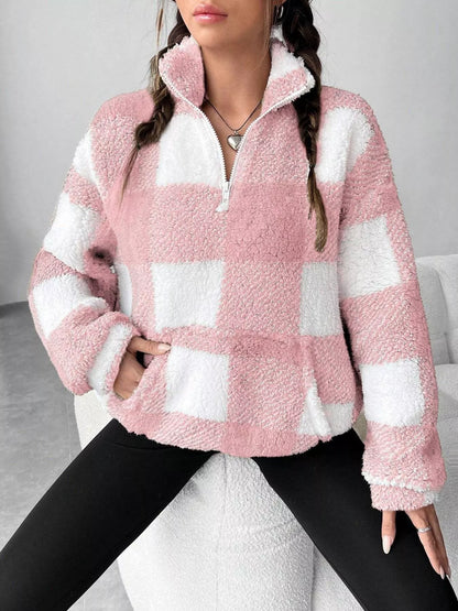 Full Size Plaid Sherpa Long Sleeve Sweatshirt Plus Size - Tigbul's Variety Fashion Shop