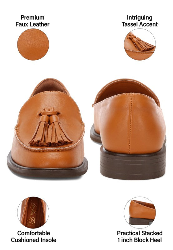 Brown/tan tasseled loafer with cushioned insole and 1-inch block heel