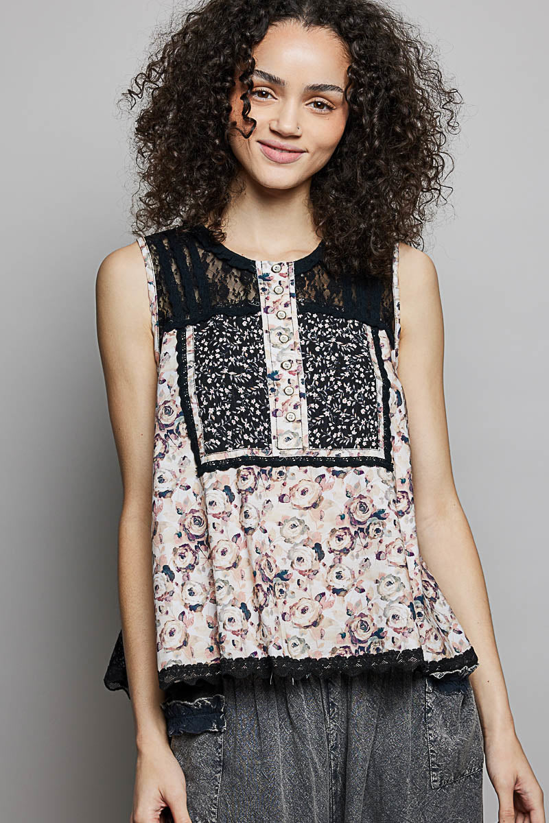 Black floral sleeveless top, round neck, button front, lace-trim hem