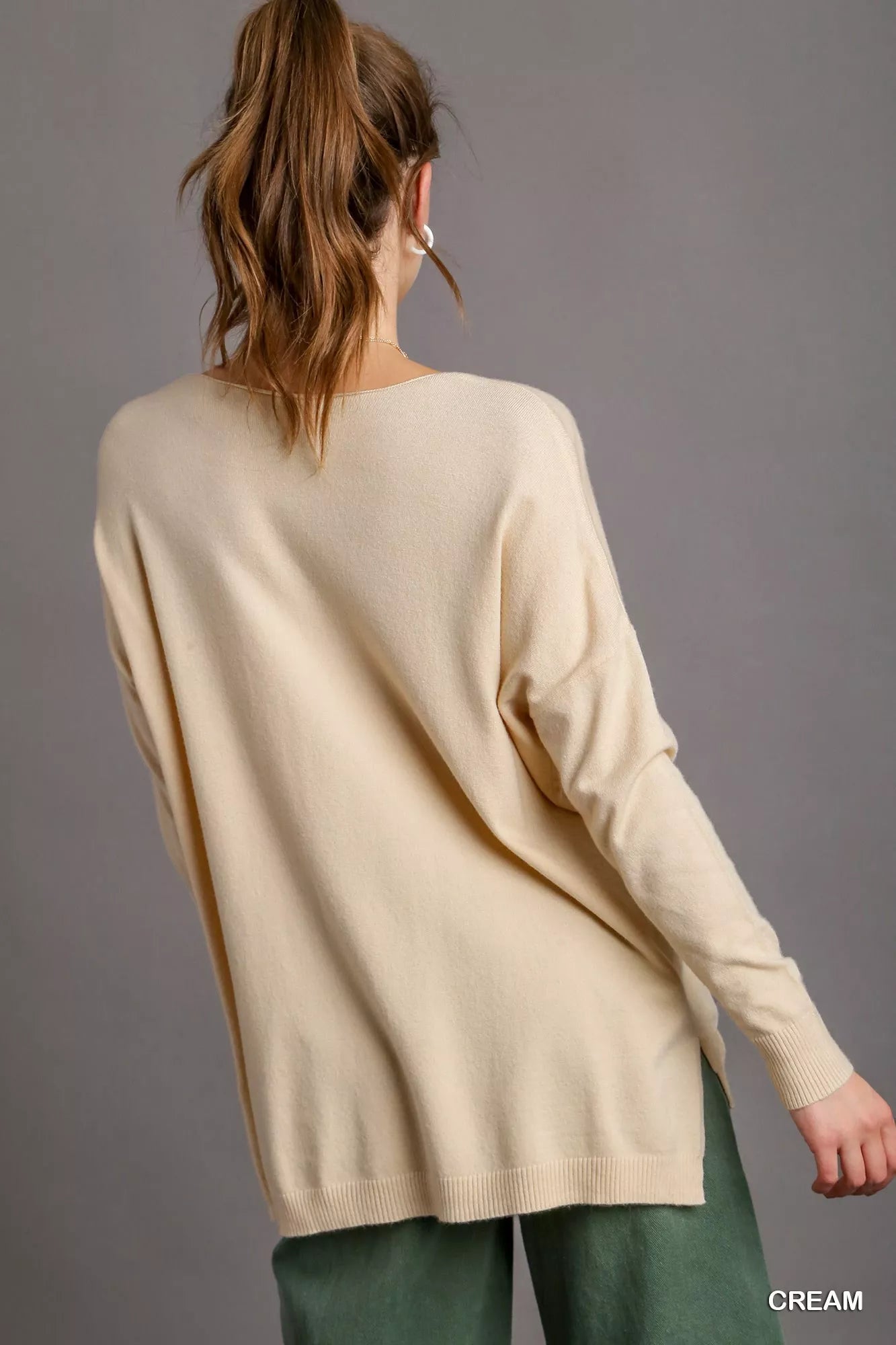 Umgee V-Neck High Low Hem Knit Top with Side Slit - Tigbul's Variety Fashion Shop