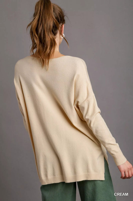 Umgee V-Neck High Low Hem Knit Top with Side Slit - Tigbul's Variety Fashion Shop