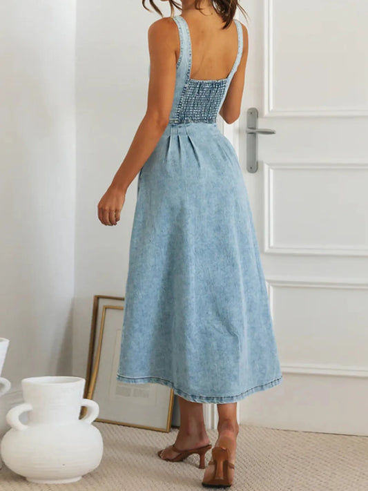 Sweetheart Neck Button-Front Midi Denim Dress - Tigbul's Variety Fashion Shop