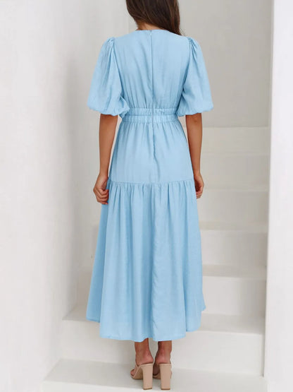 V-Neck Puff Sleeve Midi Dress - Tigbul's Variety Fashion Shop