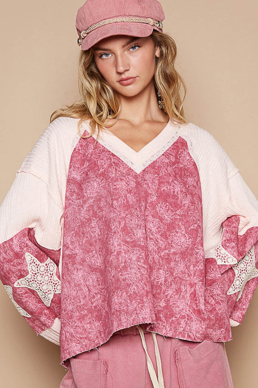 POL Lace Detail Floral Pattern V Neck Top - Tigbul's Variety Fashion Shop