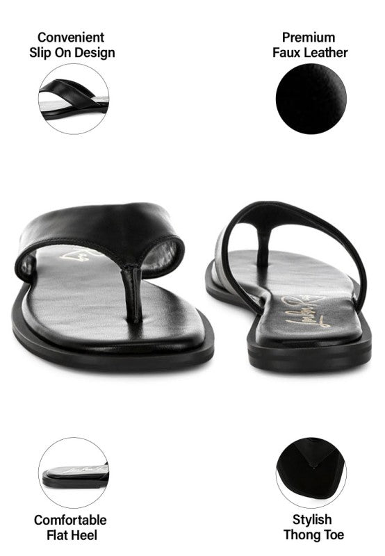 Black toe-post thong flats, slip-on style with flat heel and thong toe strap