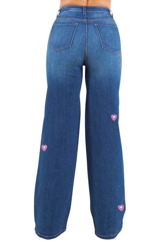 Heart Stud Wide Leg Jean - Tigbul's Variety Fashion Shop