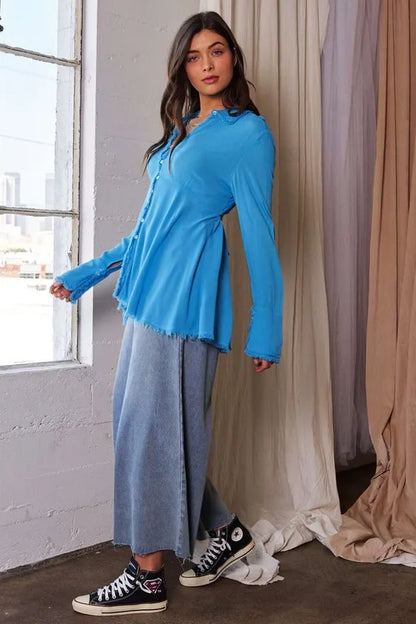 Blue V-Neck Open Back Adjustable Babydoll Shirt - Tigbul's Variety Fashion Shop