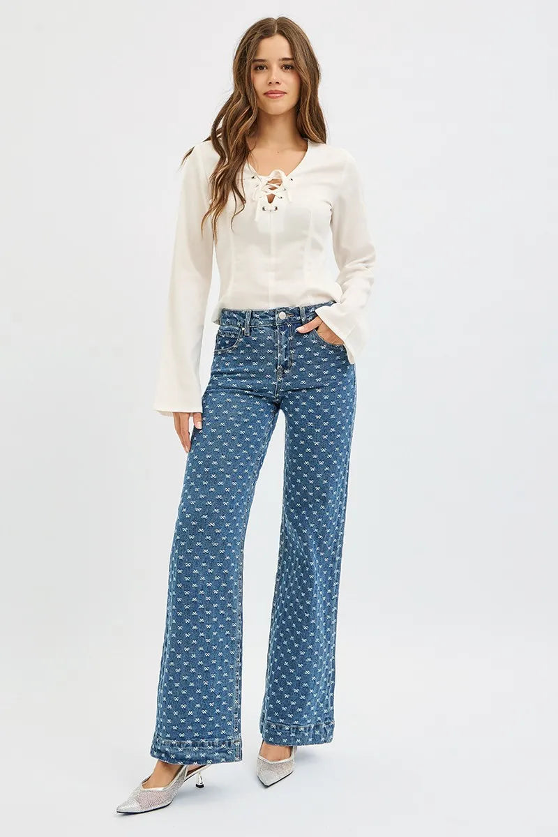 RISEN High Rise Wide Leg Bow Embroidered Jeans - Tigbul's Variety Fashion Shop