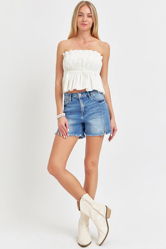 RISEN Front Slit Raw Hem Denim Shorts - Tigbul's Variety Fashion Shop